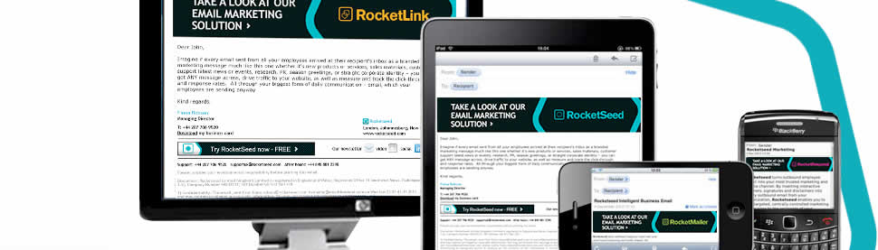 The full range of RocketSeed branded emails highlighted on mobile and Tablet devices