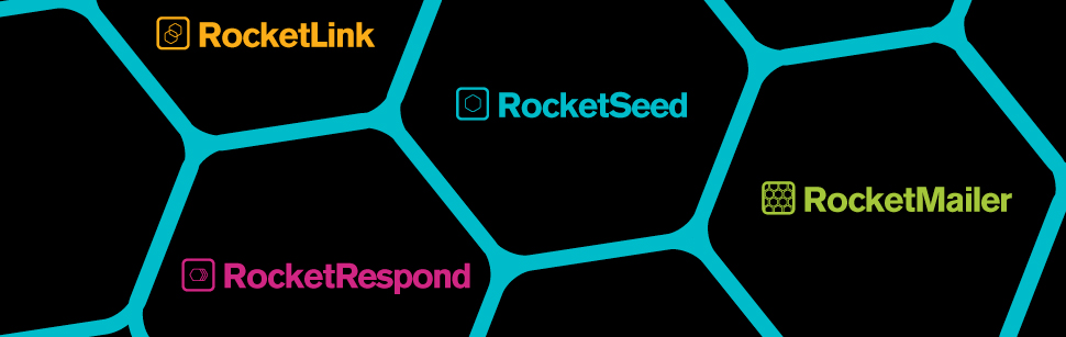 The full range of Rocketseed product logos on a black back ground