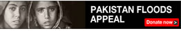 Black and white headshots of two children next to the text "Pakistan Floods Appeal" and "Donate Now" on a black background.
