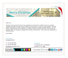 A screenshot of an email with colourful banners at the top and bottom with the words "Merry Christmas", and indiscernible text in the body.