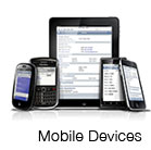 Four smartphones and a tablet device, propped up above the words "Mobile Devices".