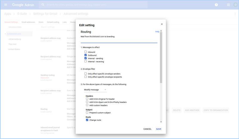 A screenshot of the Google Admin Edit Setting popup window for routing. Boxes for "Outbound", "Internal - sending" and "Change route" are ticked.