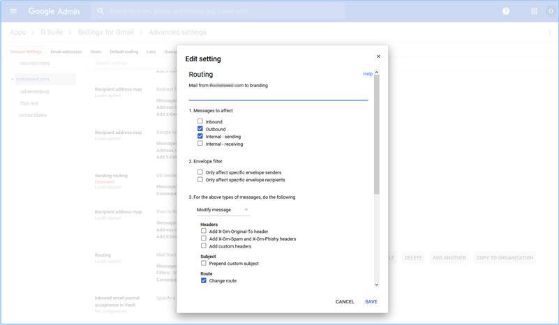 10jbNEW A screenshot of the Google Admin Edit Setting popup window for routing. Boxes for "Outbound", "Internal - sending" and "Change route" are ticked.