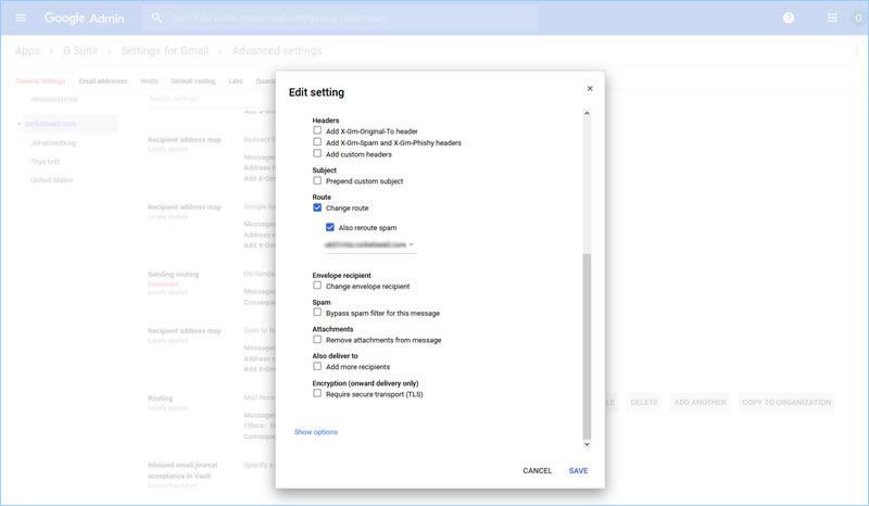 A screenshot of the Google Admin Edit Setting popup window for routing. Boxes for "Change route" and "Also reroute spam" are ticked.