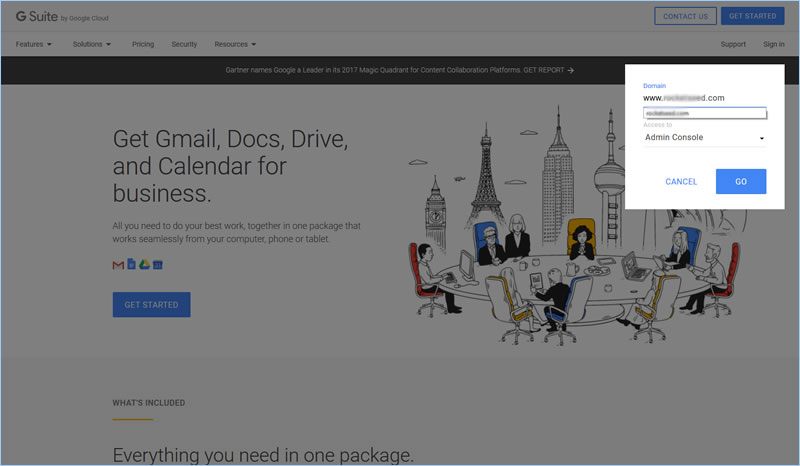 A screenshot of the GSuite get started page, showing the domain popup window.