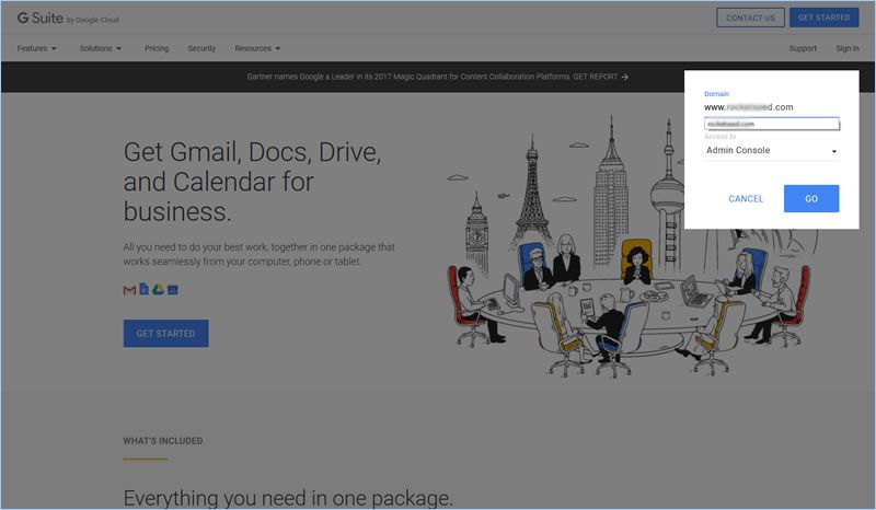1jbNEW A screenshot of the GSuite get started page, showing the domain popup window.