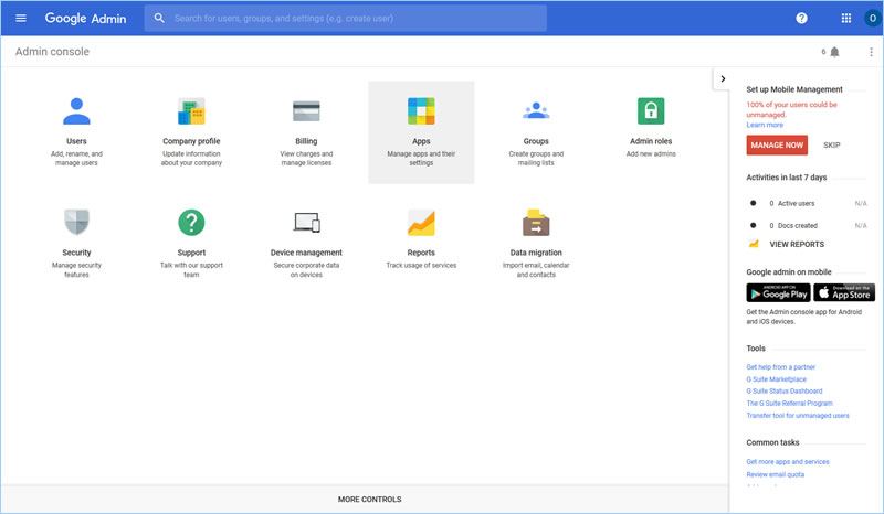 A screenshot of the Google Admin console, with the Apps icon selected.