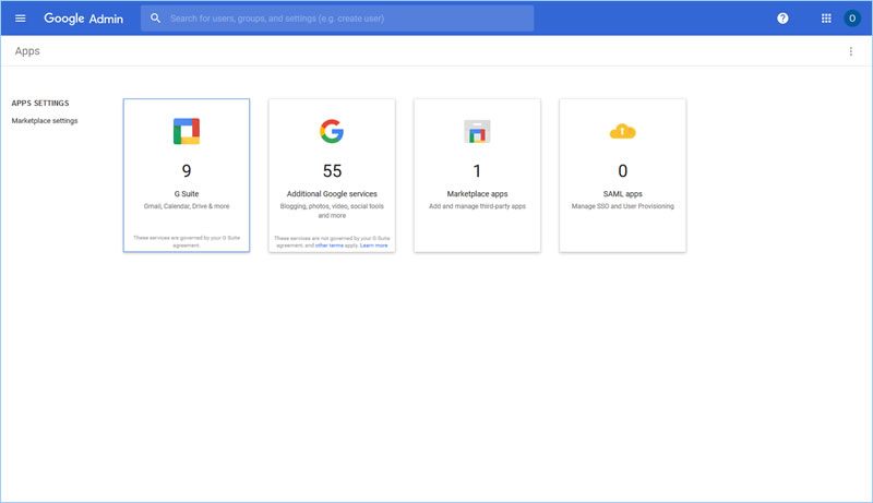 A screenshot of the Apps page of the Google Admin console, with the G Suite icon selected.