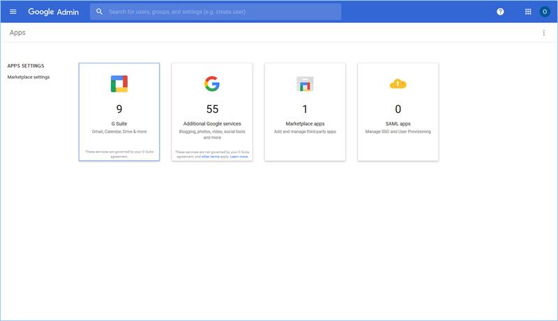 3jb A screenshot of the Apps page of the Google Admin console, with the G Suite icon selected.