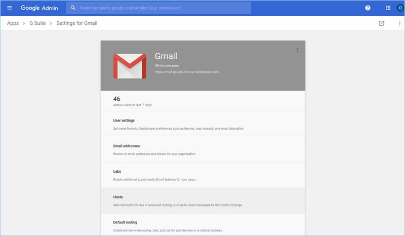 5jb A screenshot of the Settings for Gmail page of the Google Admin console, showing the Gmail icon on the top banner and various settings listed underneath.