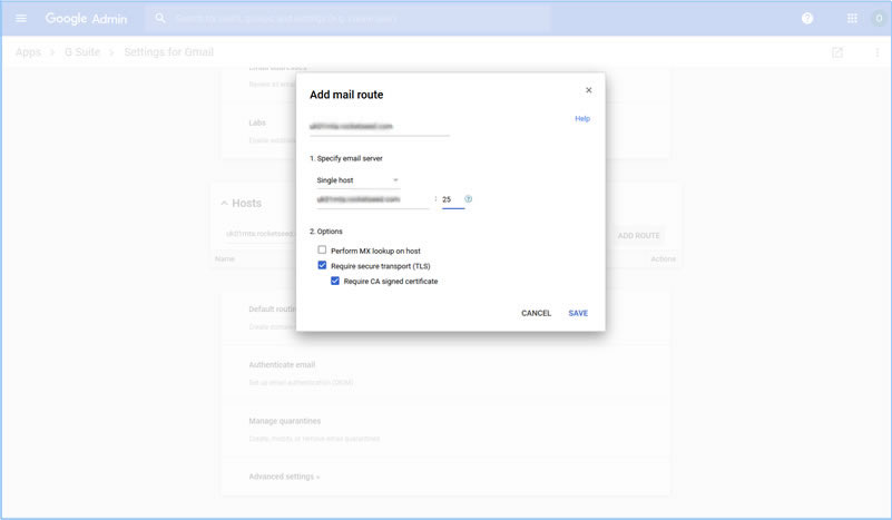 A screenshot of the Settings for Gmail page of the Google Admin console, showing the popup box for Add mail route, with boxes for "Require secure transport" and "Require CA signed certificate" ticked.
