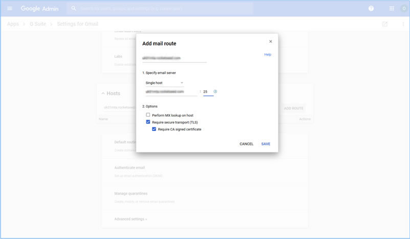 7jbNEW A screenshot of the Settings for Gmail page of the Google Admin console, showing the popup box for Add mail route, with boxes for "Require secure transport" and "Require CA signed certificate" ticked.