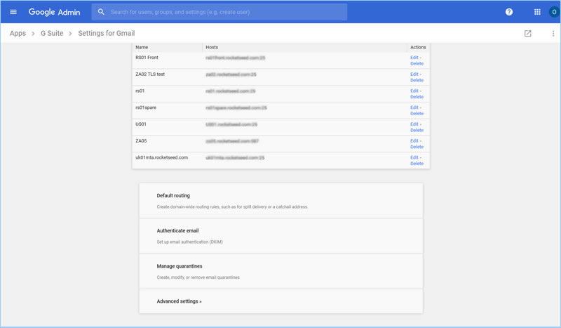 A screenshot of the Settings for Gmail page of the Google Admin console, showing various settings listed.