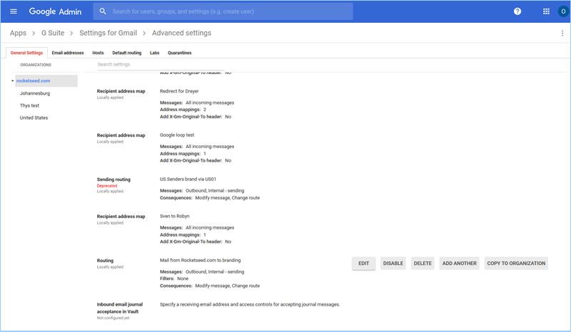 A screenshot of the Advanced Settings for Gmail page of the Google Admin console, showing various settings listed.
