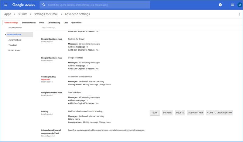 9jb A screenshot of the Advanced Settings for Gmail page of the Google Admin console, showing various settings listed.