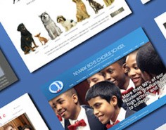Boxes showing various advertisements - one with a picture of boys in suits, one with a picture of dogs - are laid diagonally on a blue background.