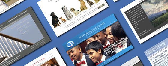 Boxes showing various advertisements - one with a picture of boys in suits, one with a picture of dogs - are laid diagonally on a blue background.