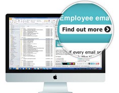 An Apple desktop monitor with a spreadsheet on the screen; a cut out circle shows a zoomed-in section of the screen that reads "Find out more".