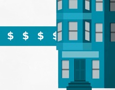 A graphic of a blue multi-storey building with a blue banner of repeated dollar signs extending away from it.