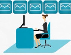 A graphic of a woman working at a desk, with a row of closed envelope icons above her.