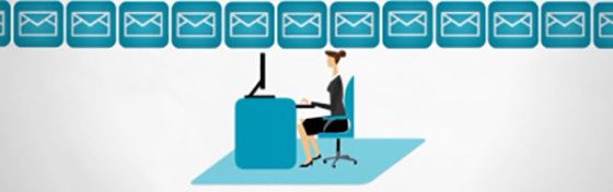 A graphic of a woman working at a desk, with a row of closed envelope icons above her.