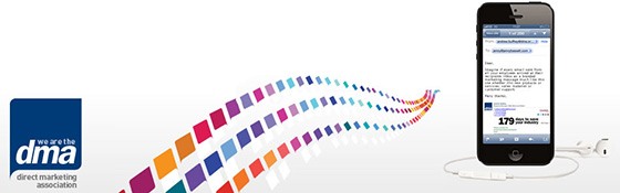 A banner with the DMA logo in the left bottom corner, three rows of multicoloured squares extending into the distance, and a black iPhone with an email visible on the screen.