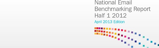 The words "National Email Benchmarking Report Half 1 2012 April 2013 Edition" above a graphic of three rows of multicoloured squares.