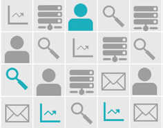 Five different icons: a person, a magnifying glass, a graph, and a scale, repeated in a grid of 4X5 squares.