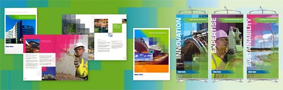 A range of advertising samples, including screen grabs and banners, depicting a range of built environments and people working in PPE.