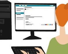 A graphic of a woman working at a desktop computer, with an email interface on the screen.