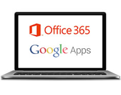 A laptop with the Google Apps and Office 365 logos on the screen.