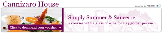 A banner with an image of a plate of food, and the words "Cannizaro House", "Simply Summer & Sancerre", "2 courses with a glass of wine for 24.50 per person" and "Click to download your voucher".