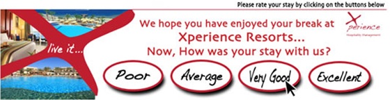 An email banner with the Xperience logo in the top right corner, images of a resort on the left hand side, and a customer experience survey in the centre.