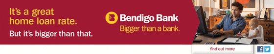 An email banner with the Bendigo Bank logo in the centre, an image of a man and a young child working at a desktop computer on the right, and the words "It's a great home loan rate. But it's bigger than that." on the left.
