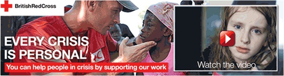 An email banner with the British Red Cross logo in the top right corner, an image of a medical worker examining a child's face in the centre, a still from a video showing a young girl's face on the right side, and the words "Every Crisis is Personal. You can help people in crisis by supporting our work" superimposed.