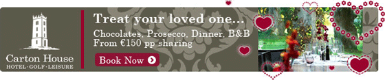 An email banner with the Carton House logo on the left, an image of a table set for fine dining on the right, the words "Treat your loved one..." and promotional details in the centre, and red love heart graphics superimposed.