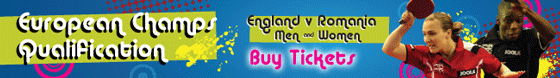 An email banner with the words "European Champs Qualification", "England v Romania Men- Women" and "Buy Tickets", and an image of two table tennis players on the right.