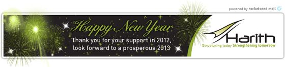 An email banner with the Harith logo on the right, the words "Happy New Year. Thank you for your support in 2012, look forward to a prosperous 2013" in the centre, with graphic fireworks superimposed.
