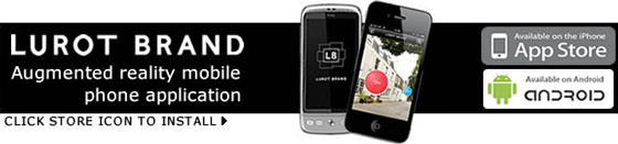 An email banner with the words "LUROT BRAND, Augmented reality mobile phone application" and "CLICK STORE ICON TO INSTALL" to the left, two mobile phones in the centre, and the App Store and Android icons to the right.