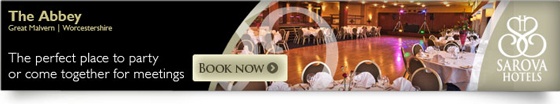 An email banner with the Sarova Hotels logo on the right, details of The Abbey and the words "The perfect place to party or come together for meetings" to the left, and a "Book Now" button over an image of a function room in the centre.