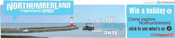 An email banner with the words "Northumberland: An independent spirit" in a blue speech bubble over an image of a boat and a lighthouse, and details of a holiday competition on the right hand side.