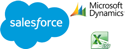 The SalesForce logo, the Excel CSV logo and a Microsoft graphic on a black background.
