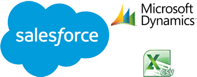 The SalesForce logo, the Excel CSV logo and a Microsoft graphic on a black background.