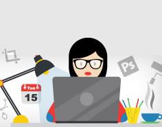 A graphic of a woman working at a laptop, with various icons, including a paintbrush, Photoshop logo and envelop, floating in the air above her.