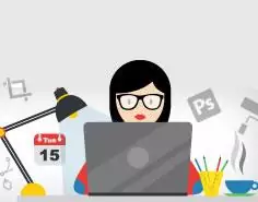 A graphic of a woman working at a laptop, with various icons, including a paintbrush, Photoshop logo and envelop, floating in the air above her.