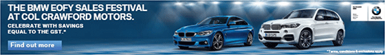 An email banner with the BMW logo in the top right corner, an image of a white and blue car in the centre, and details of the BMW EOFY Sale on the left.