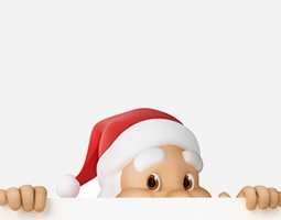 A cartoon Santa Clause peeping over a white screen.