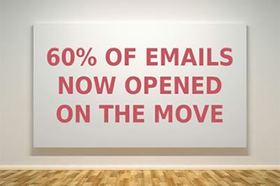 A simulated artwork on a gallery wall, with the words "60% OF EMAILS NOW OPENED ON THE MOVE" printed onto it in red.