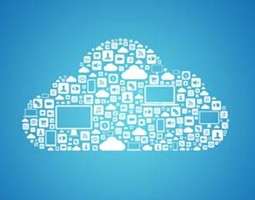 A graphic of a cloud filled with computer and screen-related icons on a blue background.