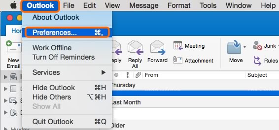 A screenshot of the Outlook toolbar, showing Preferences selected.
